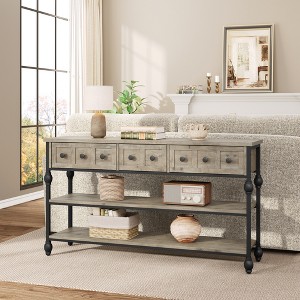 52"  Entryway Table, Console Table with 3 Storage Drawers, 3 Tier Farmhouse Wooden Sofa Table, Hallway Tables for Entryway, Living Room-Grey - 1 of 4