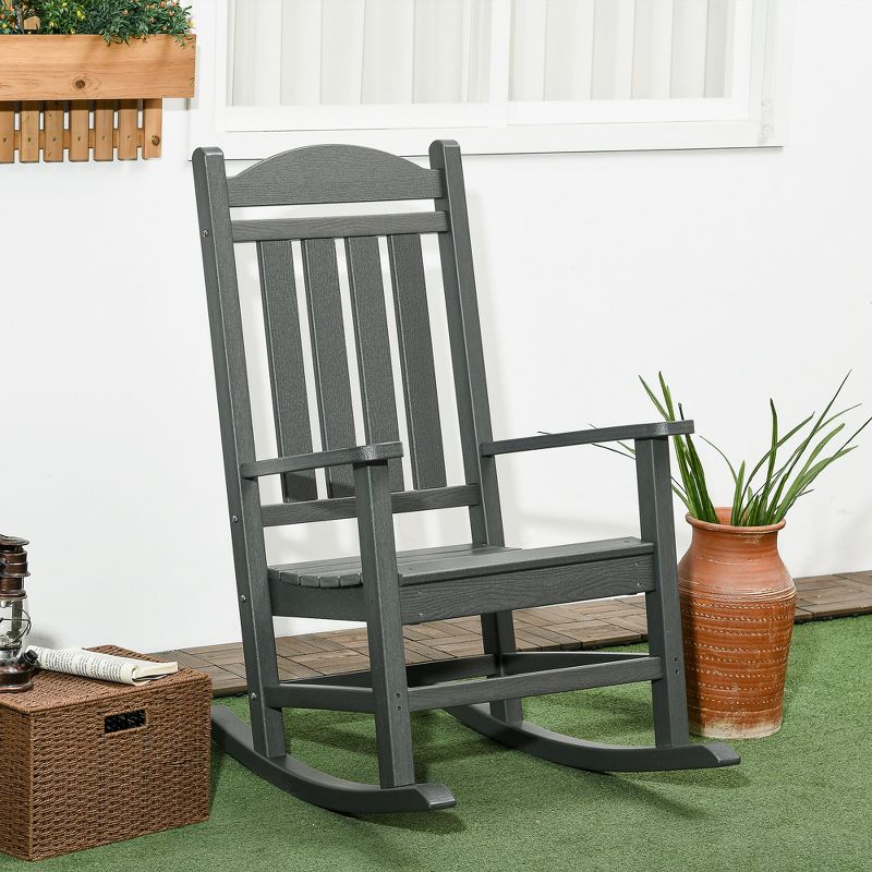 Outsunny Outdoor Rocking Chair, Traditional Slatted Porch Rocker with Armrests, Fade-Resistant Waterproof HDPE for Indoor & Outdoor, Dark Gray, 3 of 7