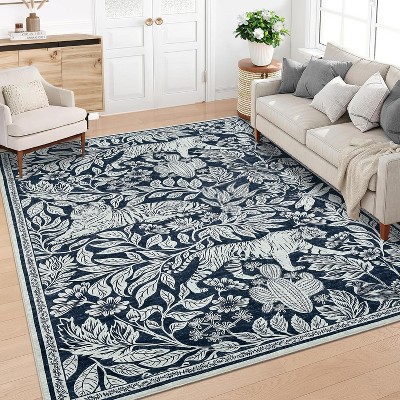Washable Runner Rug, Modern Tiger Woodcut Hallway Runner, Thin Low Pile Foldable Carpet with Non-Slip Rubber Backing for Kitchen