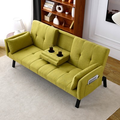 SKRAN 70" Convertible Multi-Functional Cotton And Linen Sofa Bed, Folding Futon Couch, With Cup Holders, Side Storage For Living Room