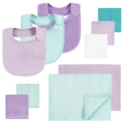 Hudson Baby Infant Girl Rayon from Bamboo Bib, Burp Cloth and Washcloth 10Pk, Purple Mint, One Size