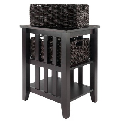 Traditional Espresso Square Wood Side Table with Storage Baskets