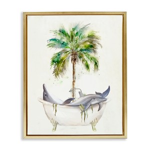 Stupell Industries Tropical Dolphins Bathroom Tub Floating Frame Canvas Art - 1 of 4