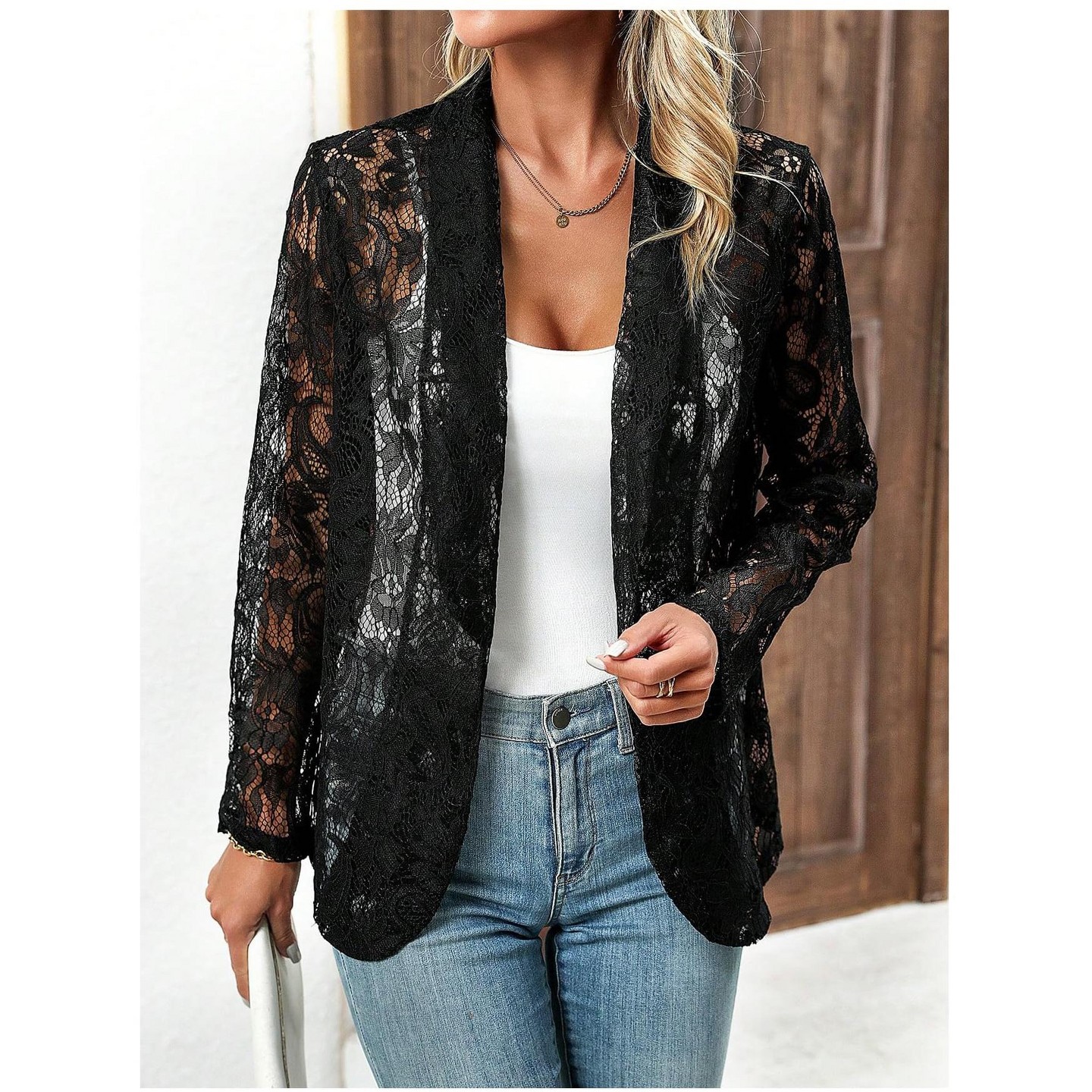 Женские кардиганы YesFashion Long Sleeve Floral Lace Open Front Blazer Jacket Sheer Lapel Collar Lightweight Cardigan Outerwear Casual Cover Up, XL, Black, цвет: С принтом — фото 2