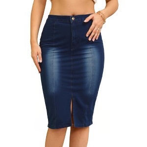 Allegra K Women's Slit Elastic High Waist Below Knee Length Stretch Bodycon Pencil Denim Skirt - 1 of 4