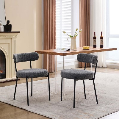 Boucle Dining Chairs, Mid-Century Upholstered Dining Room Chairs, Round Boucle Dining Chairs with Backrest & Adjustable Legs