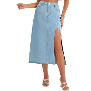 INSPIRE CHIC Women's Denim High Waist A-Line Thigh Split Midi Skirt - 1 of 4