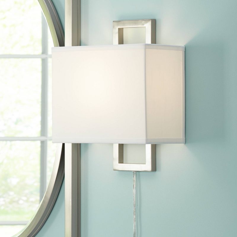 Possini Euro Design Aundria Modern Wall Lamp Brushed Nickel Plug-in 12" Light Fixture White Rectangular Shade for Bedroom Reading Living Room Hallway, 2 of 9