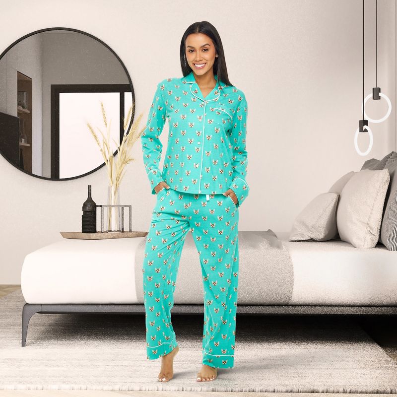 Women's Soft Cotton Knit Jersey Pajamas Lounge Set, Long Sleeve Top and Pants with Pockets, 4 of 10