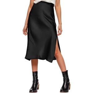 Women's Satin Midi Skirt - High Waist Slit Design with Comfortable Elastic Waistband Black - 1 of 4