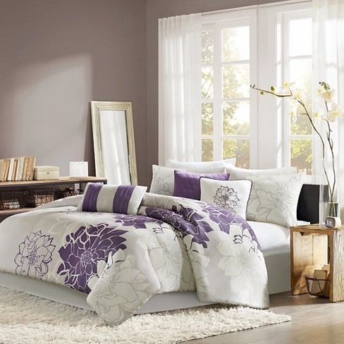 Gray/Purple Jasmine Watercolor Floral Duvet Cover Set Queen 6pc