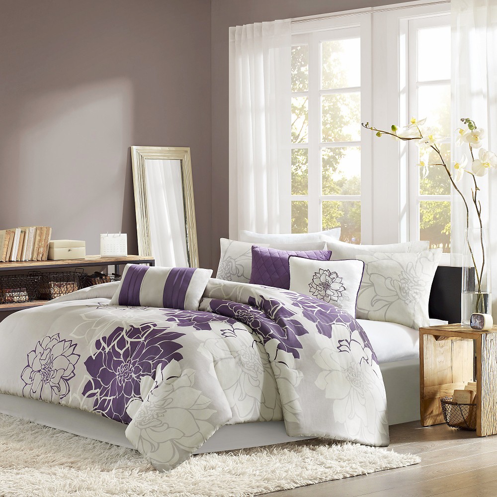 Photos - Duvet 6pc Twin/Twin Extra Long Jane Floral Print Comforter Set Gray/Purple - Mad