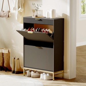 Fluted Shoe Storage Cabinet, Narrow Shoe Organizer with 2 Flip Drawers, a Drawer, Modern Shoe Cabinet for Entryway, Freestanding Hidden Shoe Rack - 1 of 4