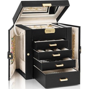 4-Tier Leather Jewelry Box with 3 Drawers Lockable Mirror and Organizer - 1 of 4