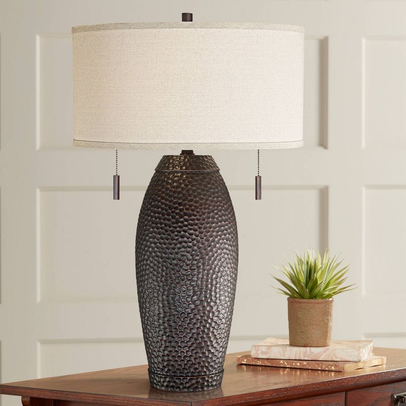 Franklin Iron Works Noah Modern Rustic Farmhouse Table Lamp 31" Tall Hammered Bronze Oatmeal Fabric Drum Shade for Bedroom Living Room Bedside Office, 2 of 10