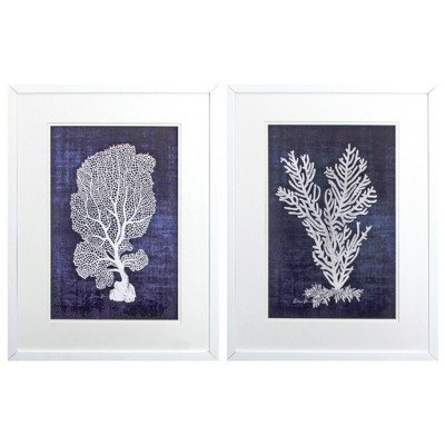 HomeRoots Set of Two Indigo And White Coral Framed Art