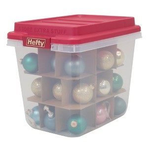 Hefty Hi-Rise 32qt Clear with Ornament Divider & Red Lid/Handle with Gold Foil: Stackable Lidded Storage Tubs - 1 of 4