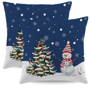 Navy Blue Christmas Pillow Covers 18x18 Set of 2 Farmhouse Snowman Snowflake - 1 of 3