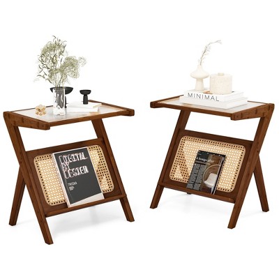 Tangkula 2 Pieces Boho End Table with Magazine Rack Versatile Bamboo Bedside Table w/ Rattan Shelf Walnut
