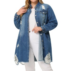 Agnes Orinda Women's Plus Size Classic Distressed Fray Hem Trucker Denim Jean Jackets - 1 of 4