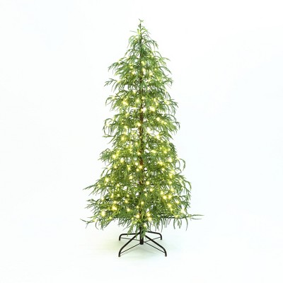 LuxenHome 6Ft Pre-Lit Green Slender Artificial Cedar Christmas Tree with Metal Stand