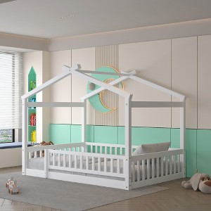 Twin/Full Size Wood Bed House Bed Frame with Fence -ModernLuxe - 1 of 4