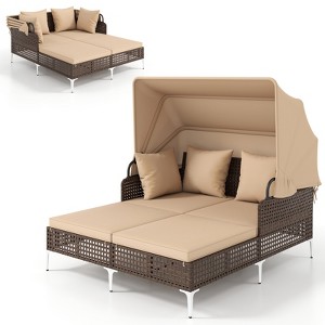 Tangkula Outdoor Daybed w/ Retractable Canopy PE Wicker Rattan Patio Double Chaise Lounger - 1 of 4