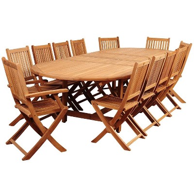 Highland Park 13pc Patio Teak Wood Double-Extendable Oval Dining Set - International Home Miami