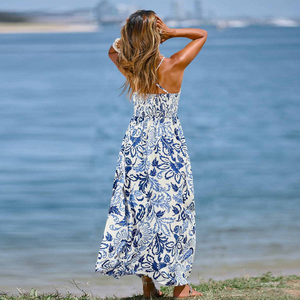 Женские платья Cupshe Women's Elegant Floral Print Maxi Beach Dress-M-Blue — фото 4