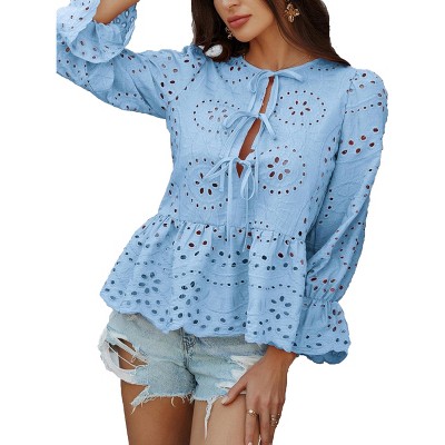 Women's Loose Front Tie Open Blouse Lace Trim Bell Long Sleeves Pelpum Shirt Top