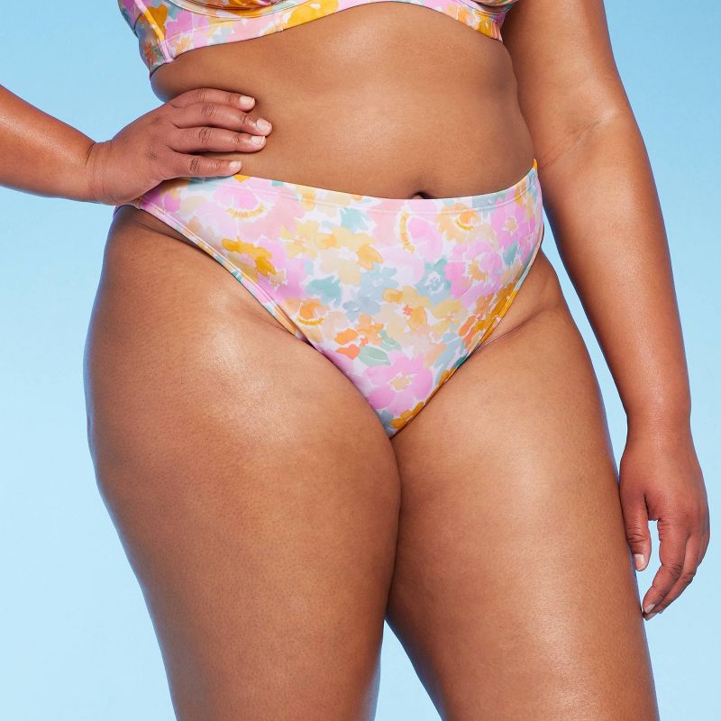 Women's Mid-Rise Cheeky High Leg Bikini Bottom - Wild Fable™ Pink Floral Print, 1 of 5