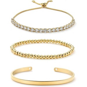 18K Gold Plated Tennis Bracelet Set for Women with Cubic Zirconia, Adjustable Cuff and Beaded Bracelet in Gift Box - 1 of 4
