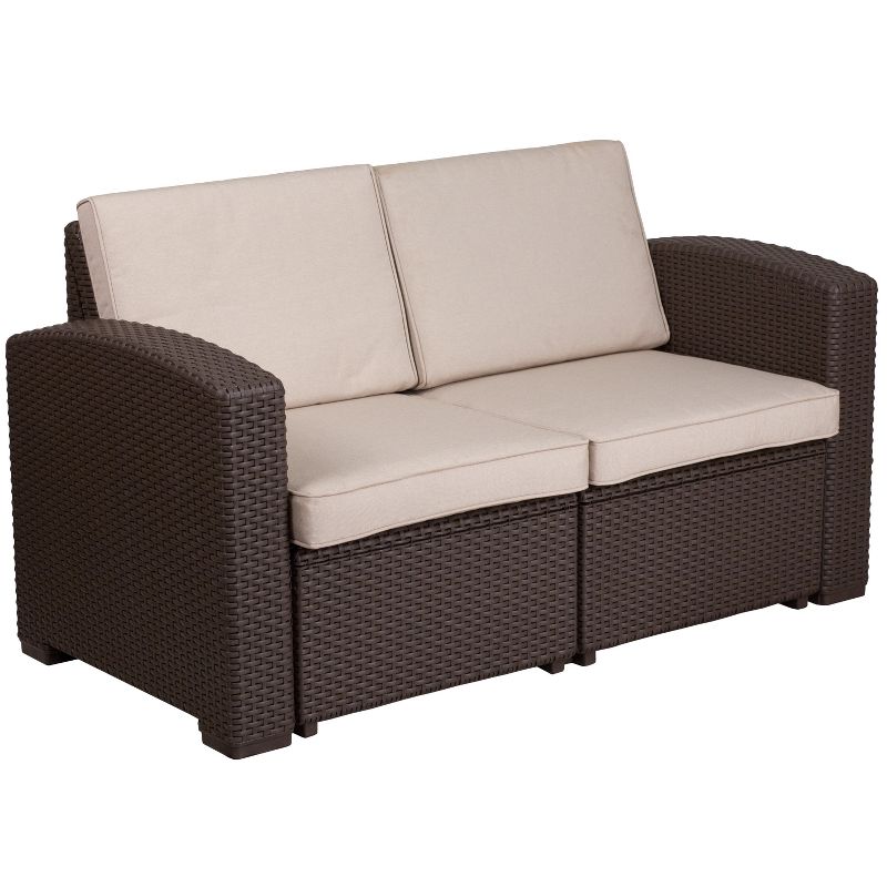 Merrick Lane Outdoor Furniture Resin Loveseat Chocolate Brown Faux Rattan Wicker Pattern 2-Seat Loveseat With All-Weather Beige Cushions, 1 of 15