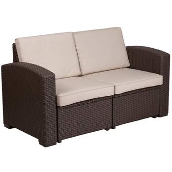 Merrick Lane Outdoor Furniture Resin Loveseat Chocolate Brown Faux Rattan Wicker Pattern 2-Seat Loveseat With All-Weather Beige Cushions