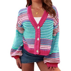 Imily Bela Womens Button Up Striped Cardigan Oversized V Neck Puff Sleeve Color Block Knit Coat - 1 of 4