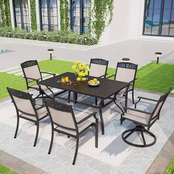 7pc Outdoor Dining Dining Set with Metal Slat Top Table & Cast Aluminum Chairs - Captiva Designs