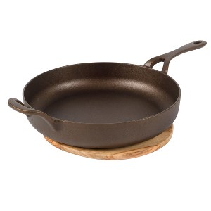 Bloomhouse Natural Bronze Finish Cast Iron Skillet with Long Handle, Helper Handle & Olive Wood Trivet - 1 of 4