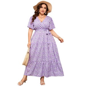BLUEMING Summer Maxi Dress for Plus Size Women Tie Wasit Surplice Dress Flutter Sleeve A-Line Dress - 1 of 4