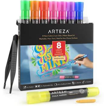 Arteza Neon Liquid Chalk Markers, Washable Paint Marker Set with Replaceable Tips and Stencils - 8 Pack
