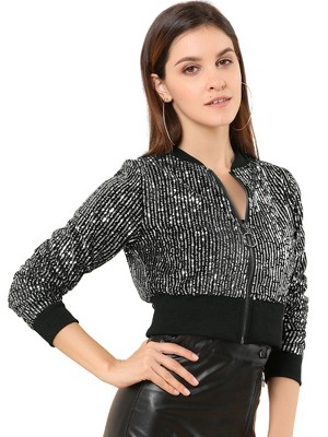 INSPIRE CHIC Women's Sequin Sparkle Front Zipper Cropped Bomber Jacket