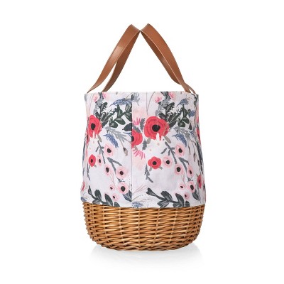 Floral Canvas and Willow Picnic Basket with Leatherette Strap
