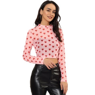 Pink Mock Neck, Heart Lines Sheer Top 