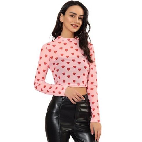 Allegra K Women's Semi-Sheer Party Heart Crop Tops Mesh Blouses Pink Small