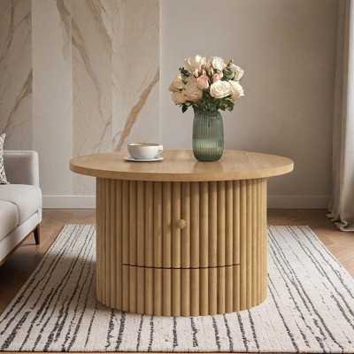 Round Coffee Table for Living Room in Natural, Farmhouse Coffee Table with a Drawer, Center Table with Vertical Slat Base in 30.5" - Leovsnove