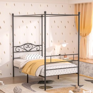 VECELO Metal Canopy Bed Frame, Twin Size Bed Frame with Headboard & Footboard, Heavy Duty Steel Slats, No Box Spring Needed Platform Bed - 1 of 4