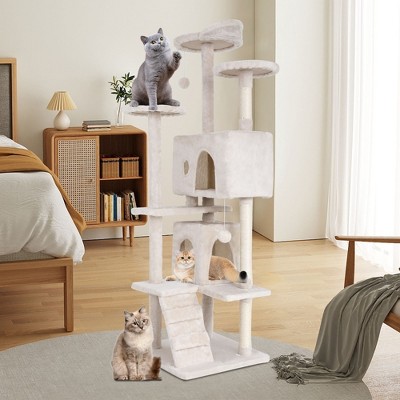 70" Beige Sisal and Faux-Fur Multi-Level Cat Tree Tower
