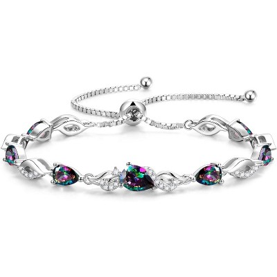 Teardrop Birthstone Tennis Bracelet, Sterling Silver with 9x7mm Gemstone & Adjustable Bolo Chain, Birthday Gift for Her