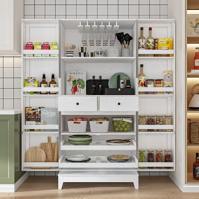 FUFU&GAGA White Woodgrain Kitchen Cabinet Multi Storage with Cup Holder