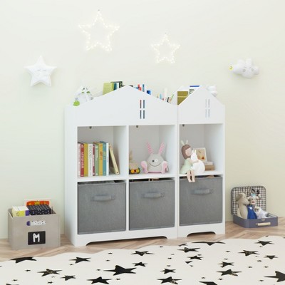 HOMLUX 3-Tier Kids Dollhouse Bookcase Toddler Book & Toy Storage Organizer with Drawer,Pink/Gray