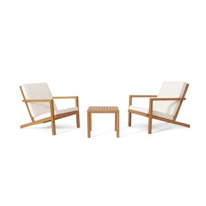 GDFStudio Ludwig Outdoor Acacia Wood 3 Piece Chat Set with Cushions - 1 of 4